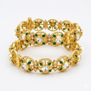 Traditional Ethnic Designer 925 Silver Monzo Bangles Green Stone Crystal Designer <b>Kada</b> Set for Women Wedding Jewelry - Product Image 1