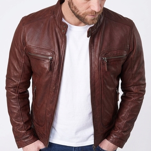 Men's Stand Collar Genuine Leather Jacket | High Street Fashion Slim Fit Biker Motorcycle Leather Coat | Premium Cowhide Casual - Product Image 6