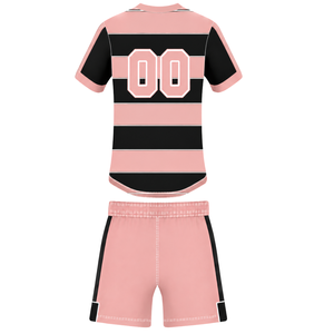 Ensemble uniforme de rugby rose clair et noir à manches courtes, maillot de rugby rayé à col ras du cou, short à cordon de serrage, performance athlétique, entraînement - Product Image 2