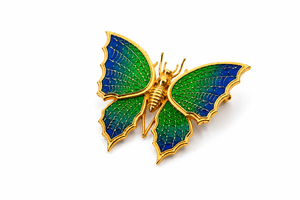 Broche de Mariposa de Plata de Ley Chapado en Oro de Lujo para Mujer |   Exquisitos broches de insectos esmaltados en verde y blanco para mujeres y hombres. - Product Image 3