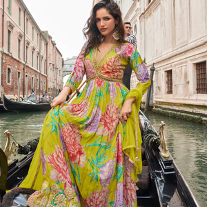 ชุดอานาร์กาลีสำเร็จรูปผ้าไหมชิโนน ตกแต่งด้วยงานปัก สำหรับผู้หญิง ความยาวระดับพื้น เหมาะสำหรับงานแต่งงาน งานดิวาลี และงานพรอม - Product Image 4