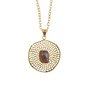 Collar de disco llamativo con engaste de cuarzo ahumado en latón chapado en oro de 18K - Joyería hindú clásica hecha a mano - Product Image 1
