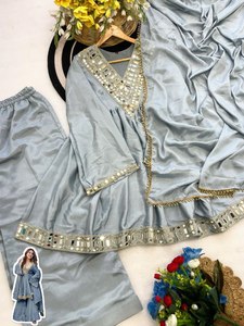 Conjunto Kurti Pista Chinon para Mujer, Salwar Kameez Étnico Indio Pakistaní con Espejos, Dupatta para Fiestas y Bodas - Product Image 6
