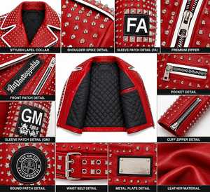 Blouson de motard en cuir premium rouge clouté pour homme – Blouson de moto punk avec passepoil blanc et clous argentés, style affirmé - Product Image 5