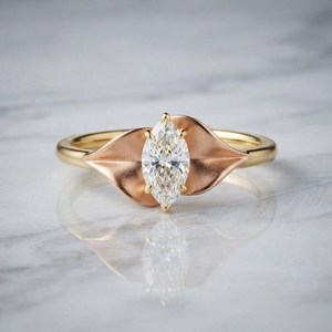 Bague sculpturale en or massif 14 carats bicolore avec diamant taille marquise de 2,00 carats, cultivé en laboratoire, bijou de fête pour amis - Product Image 2