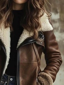 Chaqueta de piel de oveja para mujer, abrigo de piel de oveja marrón con cuello de piel, estilo aviador para invierno - Product Image 5