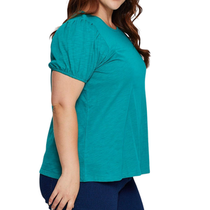 เสื้อผู้หญิงไซส์ใหญ่ คอกลม แขนสั้น สีพื้น ผ้าคอตตอนผสมโพลีเอสเตอร์ สีเขียวอมฟ้า ทรงปกติ - Product Image 2