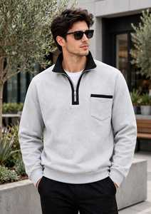 Sudadera Gris para Hombre con Cierre de Cremallera, Cuello Negro, Manga Larga, Felpa Francesa - Product Image 5