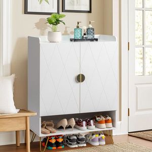 Mobiletto a V in truciolato bianco intagliato 80x37x110cm con doppia anta, ripiano superiore e scarpiera con dettagli dorati - Product Image 2