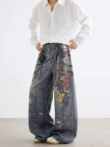 Jeans de mezclilla con estampado 3D de High Street, de pierna ancha y corte recto, estilo vintage, para hombre - Product Image 5