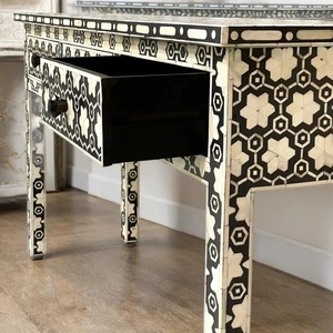 Table console réglable en hauteur, peinte à la main, motif floral noir et blanc, thème indien, avec tiroir et portes, décoration d'intérieur - Product Image 4