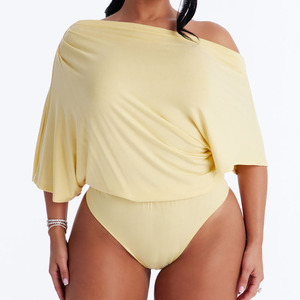 Custom Sexy Off The Shoulder Bodysuit Women Yellow Solid Color Stretch Knitted One Piece Swimwear Summer Casual Loose Fit Top - Product Image 1