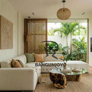 Modern Handmade <b>Wood</b> Coffee <b>Table</b> with Tempered Glass Top, Tropical Living Room Furniture, Natural Finish, <b>Solid</b> <b>Wood</b> Base - Product Image 3