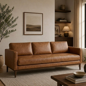 Sofá de Cuero Genuino Marrón con Patas de Madera Maciza, Estilo Moderno de Mediados de Siglo, Sofá de 3 Plazas, Sofá de Cuero Premium y Muebles para Sala de Estar - Product Image 1