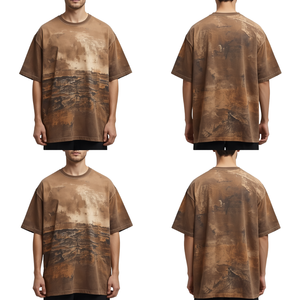 เสื้อยืดทรงโอเวอร์ไซส์สำหรับผู้ชาย พรีเมียม ผ้าหนา พิมพ์ลายดิจิทัลแนวศิลปะที่ได้รับแรงบันดาลใจจาก Horizon พร้อมงานปักคุณภาพสูง - Product Image 1
