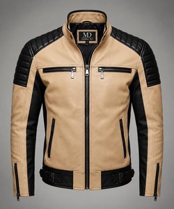 Chaqueta de Cuero Bicolor Beige y Negro para Hombre, Estilo Motero, Inspirada en la Moda Urbana - Product Image 4