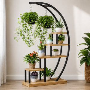 Black Metal Arch Plant <b>Stand</b> with Wooden Shelves Hanging <b>Pot</b> Rack Indoor Garden Display Shelf for Home Decor Patio - Product Image 2