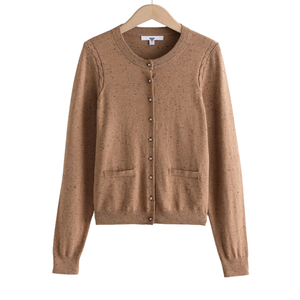 Chocolate <b>Brown</b> Soft Touch Cotton Rich Crew Neck <b>Cardigan</b> <b>Women</b> Long Sleeve Button Front Knitwear With Pockets For Wholesale Top - Product Image 3