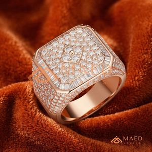 Custom <b>Men</b>’s Ice Out <b>Ring</b> 14K Rose Gold | Luxury Square Cluster Pave <b>Ring</b> with Baguette Border | Rose Gold Wedding Band for <b>Men</b> - Product Image 2