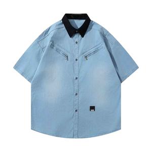 New Men Summer Casual Vintage Washed Denim Short Sleeve Button Shirt With Zipper Pockets High Quality For Men Denim Shirt - Product Image 1