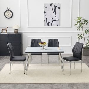 Set da Pranzo con Tavolo in Vetro Effetto Marmo Bianco e Base in MDF, Gambe Affusolate in Metallo Argento, 4 Sedie Abbinate - Product Image 4