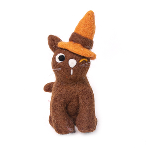 Figura de gato de lana hecha a mano con sombrero naranja, color marrón, para niños, juguete educativo, unisex, de 2 a 4 años - Product Image 1