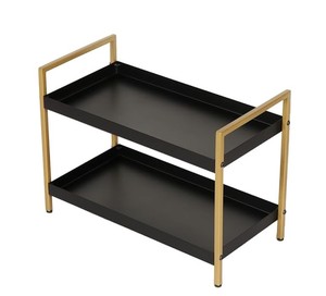 Étagère de rangement minimaliste à 2 niveaux en métal noir avec cadre doré, organisateur rectangulaire sur pied pour salon - Product Image 1