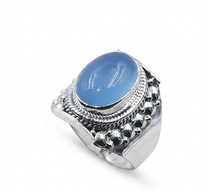 Anillo de Plata de Ley 925 con Calcedonia Azul, Anillo de Cóctel Ancho Hecho a Mano por Artesanos Vintage, Chapado en Oro Rosa, Regalo - Product Image 4