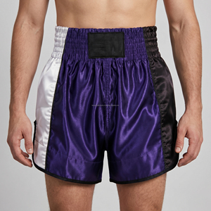 Custom Purple <b>Men</b> Muay Thai Shorts Tri Color Panel Kickboxing <b>Trunks</b> Wholesale Custom Logo Satin MMA Fighting Shorts - Product Image 3
