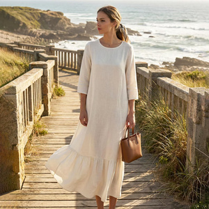 Low MOQ Handmade 100% Cotton V-Neck Midi Breathable Plain Dyed A-Line Flowy Summer Beach Dress Pockets Women Vintage <b>Bow</b> High - Product Image 1