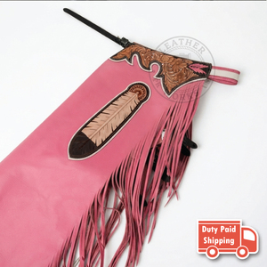 Chaps de cowgirl en cuir western pour femme avec franges roses, broderies de plumes et ceinture à motifs floraux – Chaps d'équitation personnalisés - Product Image 2