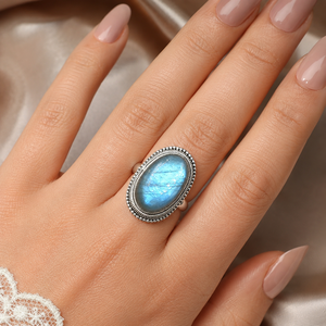 Natural Oval Labradorite Statement <b>Cocktail</b> <b>Ring</b> 925 Sterling Silver Handmade Boho Artisan Rose <b>Gold</b> & Yellow <b>Gold</b> Plated - Product Image 2
