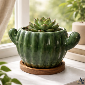 Maceta Decorativa de Cerámica Esmaltada con Forma de Cactus, Bandeja de Drenaje de Madera, Maceta Moderna para Plantas de Interior, Decoración para Pascua, Bodas, Hogar, Escritorio, Ecológica - Product Image 4