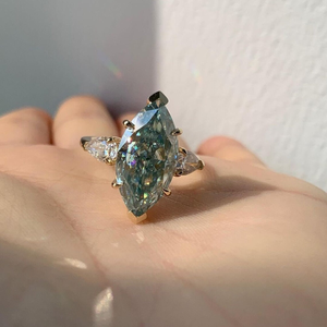Cyan Blue Moissanite Marquise Cut Solitaire 6 Prong <b>Ring</b> Yellow Gold 3 Stone <b>Ring</b> 10K Solid Gold Wedding <b>Ring</b> <b>Cz</b> Pear Side Stone - Product Image 1