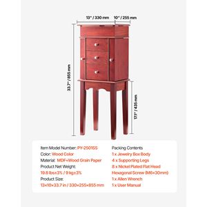 Armadio Portagioie in Legno con Specchio a Ribalta e 4 Scomparti, Mobiletto a 3 Cassetti, Organizzatore in Zinco - Product Image 4