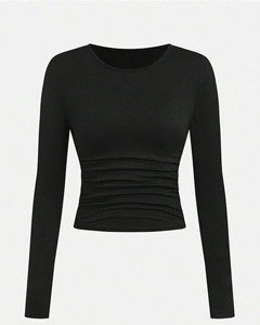 Top Corto de Manga Larga para Mujer, Cuello Redondo, Corte Ajustado, con Logo Frontal, Transpirable y de Secado Rápido - Product Image 4