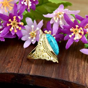 Gorgeous 18k Gold Vermeil <b>Chunky</b> Silver <b>Ring</b> 925 Sterling Silver Long Oval Blue Turquoise December Birthstone Fine Gift For Her - Product Image 4
