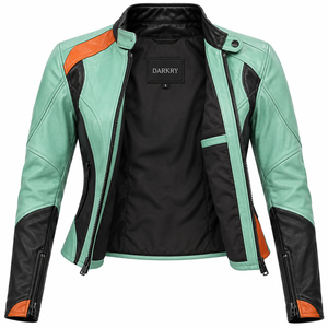 Chaqueta de Cuero Genuino para Mujer, Color Verde Menta, Naranja y Negro, Estilo Racing, Corte Ajustado, para Motocross, Deportes y Motociclismo - Product Image 5