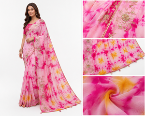Sari en soie tie-dye de luxe, broderie lourde, travail Zari, séchage rapide, sans plis, protection solaire, style moderne, tenue de mariage indienne - Product Image 6