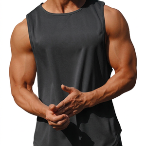 Camiseta sin mangas gris para hombre, cuello redondo, de secado rápido, color sólido, tejida, informal, para gimnasio y fitness - Product Image 4