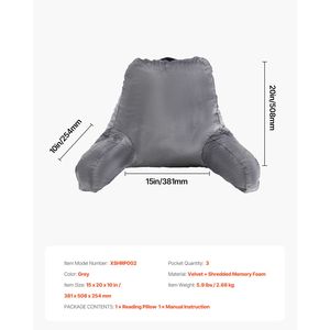 Cuscino Grande in Memory Foam Sfilacciato per Lettura e Riposo a Letto con 3 Tasche in Velluto Corto Lavabile - per Comfort e Relax - Product Image 6