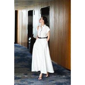 Vestido Maxi de Verano de Color Liso con Cuello Mandarín y Dobladillo Acampanado, Manga Corta, Botones Delanteros, Corte A, Tejido, para Oficina y Vacaciones [V9072] - Product Image 6