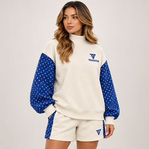 Women's Cream Polka Sleeve Mock Neck 2-Piece <b>Shorts</b> <b>Set</b> Custom Casual Sportswear - Product Image 3