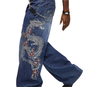 Men's Wide Leg Denim <b>Jeans</b> High Waist Loose Fit <b>Embroidered</b> Dragon Floral Pattern Hip Hop Streetwear Style Stonewashed Cotton - Product Image 1