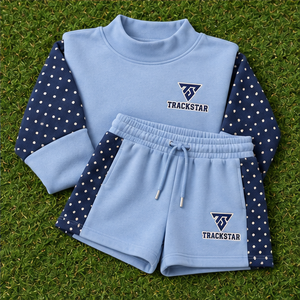 Conjunto de 2 piezas para mujer: Sudadera de cuello alto con hombros caídos y mangas de lunares azul claro de forro polar y pantalones cortos a juego. Venta al por mayor personalizada. - Product Image 6