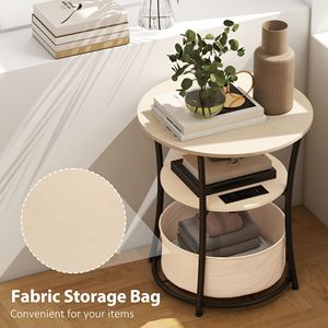 Natural Wood 3-Tier <b>Round</b> <b>Side</b> <b>Table</b> with Charging Station Fabric Storage Bag and Shelf As Coffee <b>Table</b> - Product Image 6