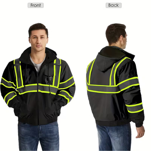 เสื้อแจ็คเก็ตทำงานสำหรับผู้ชายสีดำแบบมีซิป  พร้อมแถบสะท้อนแสงและไฟ LED สำหรับงานกลางแจ้งเพื่อความปลอดภัย - Product Image 4
