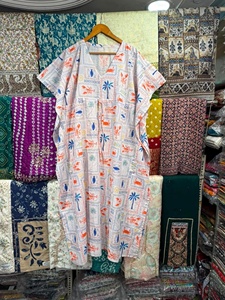 Handmade Cotton Floral Kimono Robe Oversized <b>Kaftan</b> V-neck Ankle-Length Casual Dress Feather Trim Sustainable Natural Waist All - Product Image 3
