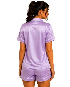Conjunto de Pijama de Satén Lavanda para Mujer, Ropa de Dormir Suave de Seda con Botones y Manga Corta, Estilo Teddy Bear - Product Image 2