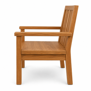 Fauteuil de jardin scandinave en teck massif avec dossier à larges lattes verticales, pieds sabre, confortable, écologique et durable - Product Image 3